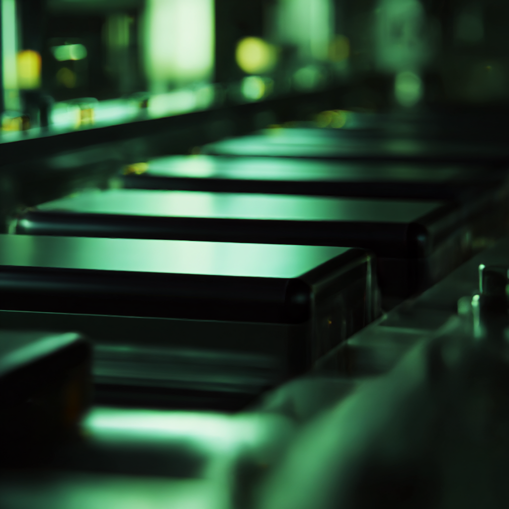 Close-up of a battery storage with a greenish tint, blurred background