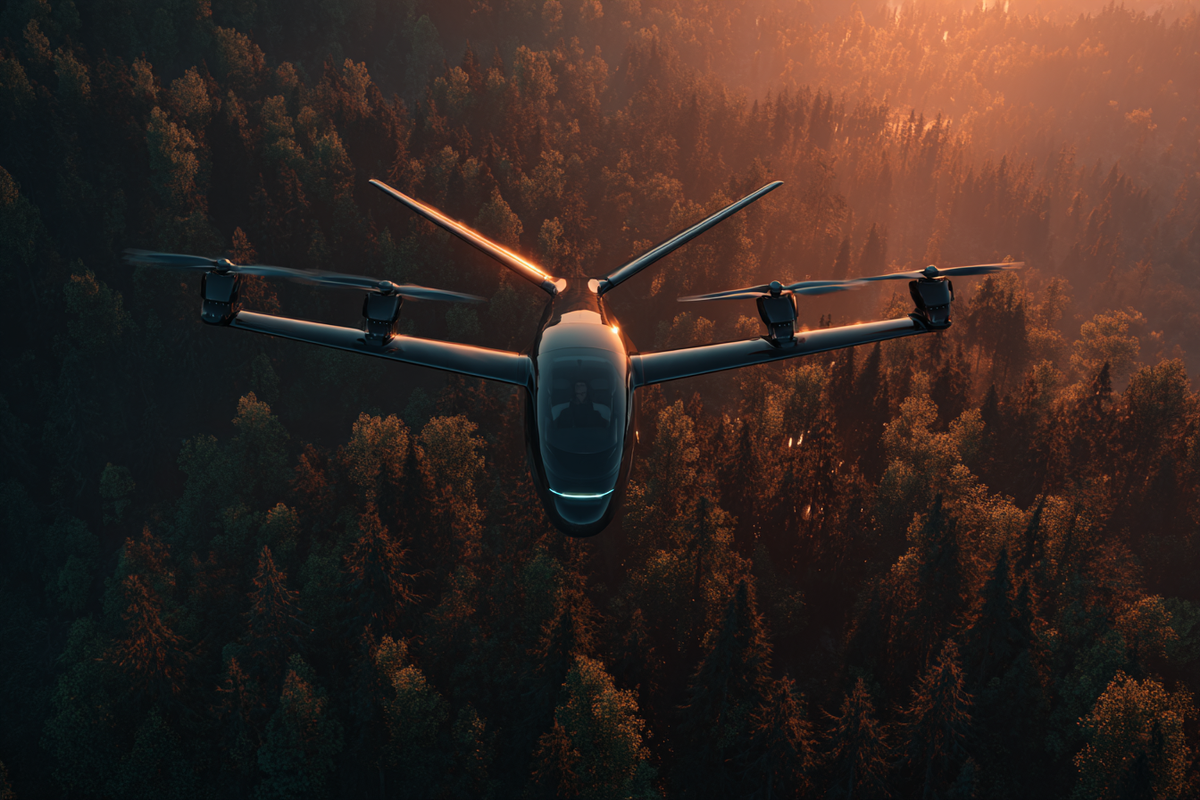 Unmanned aerial vehicle flying over a forest at sunset