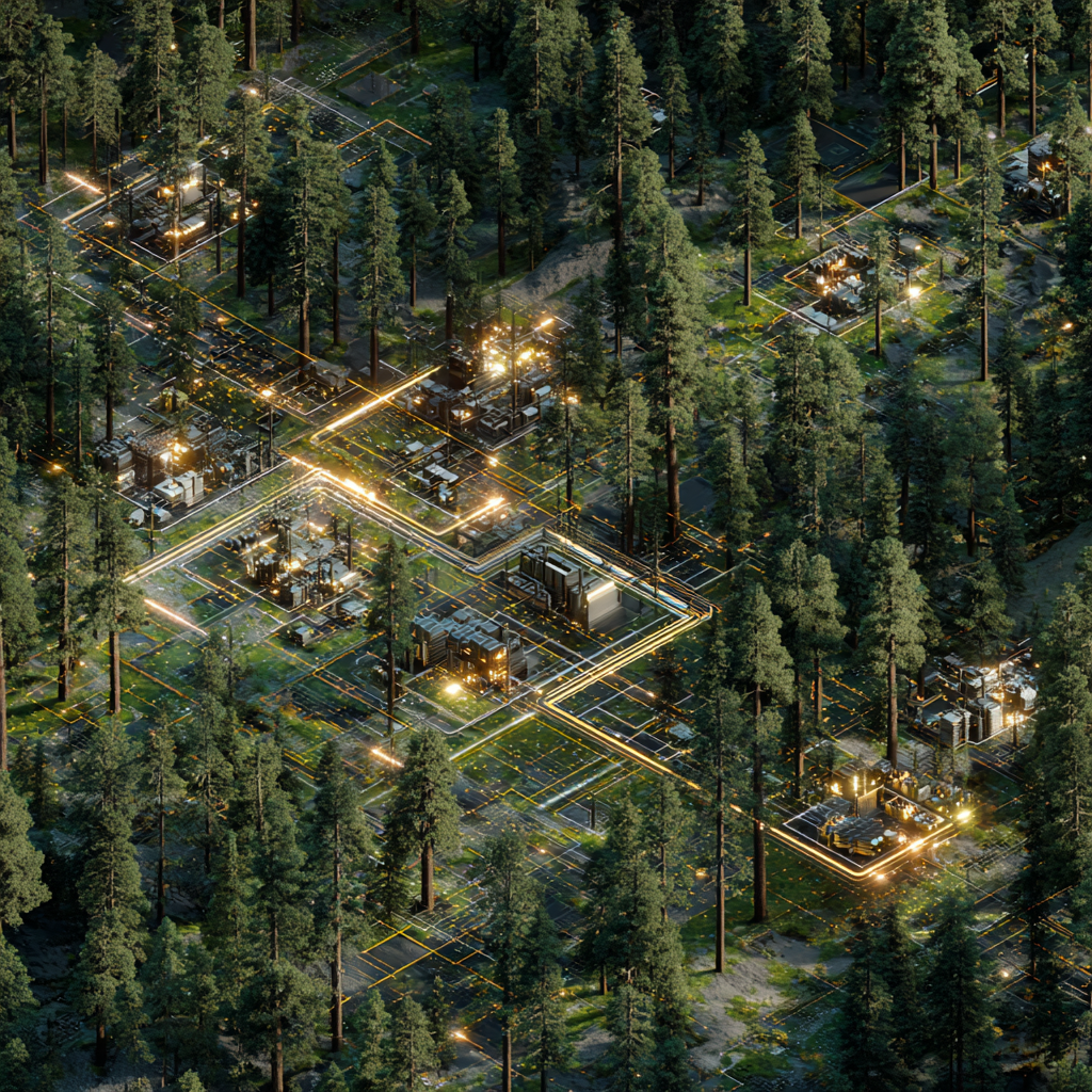 A futuristic cityscape integrated with nature, featuring geometric structures amidst trees.
